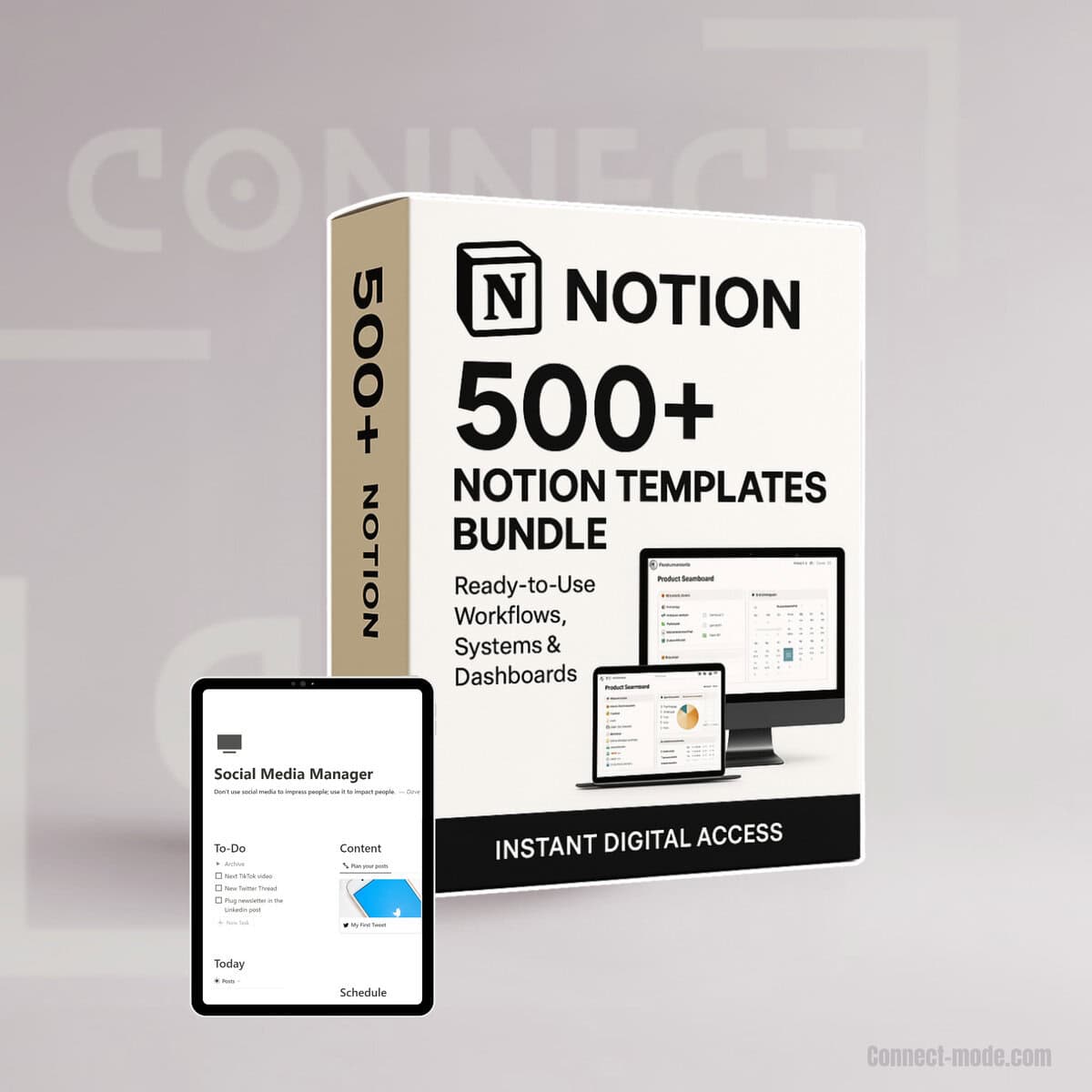 500+ Notion Templates Bundle by Connect Mode — Ready-to-use dashboards, systems, and workflow tools for entrepreneurs, creators, and digital hustlers