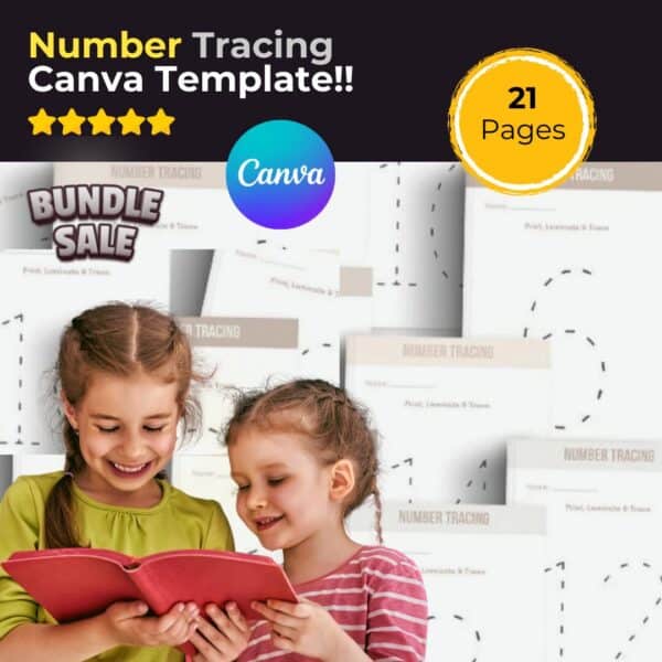 Number tracing canva template kids learning bundle