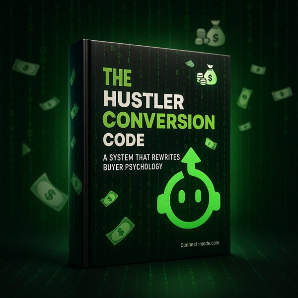 3D ebook mockup of The Hustler Conversion Code with neon green arrow icon and falling money graphics, highlighting a system built to rewrite buyer psychology — by Connect Mode
