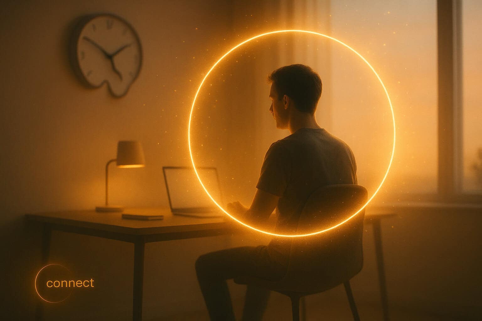 Cinematic dawn workspace with blurred melting clock and glowing energy ring, symbolizing the myth of more time and the true power of personal energy. Minimalist productivity scene with CONNECT branding in golden yellow.