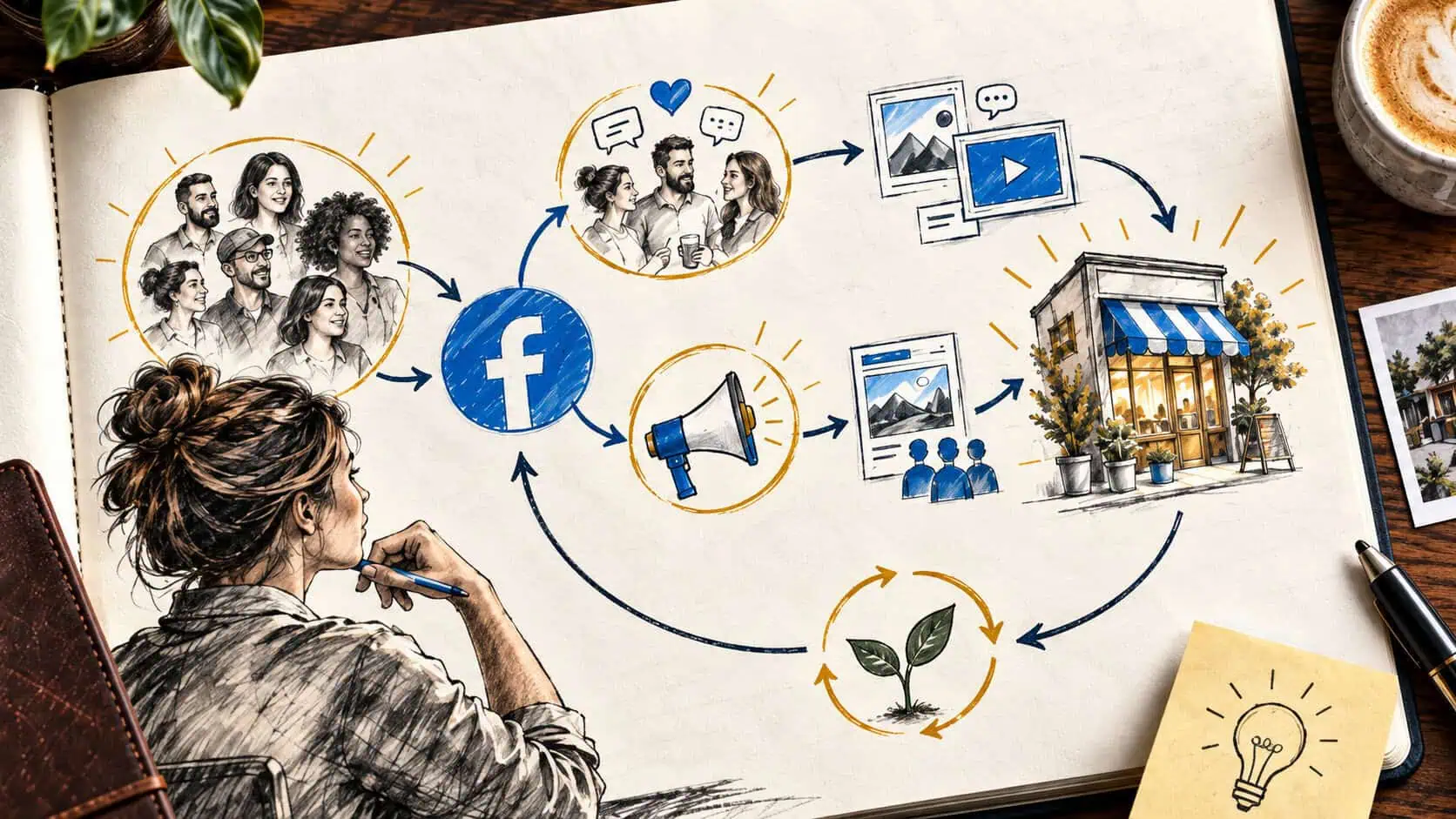 Hand-drawn Facebook marketing strategy connecting audience research, content, promotion, a small-business storefront, and growth.