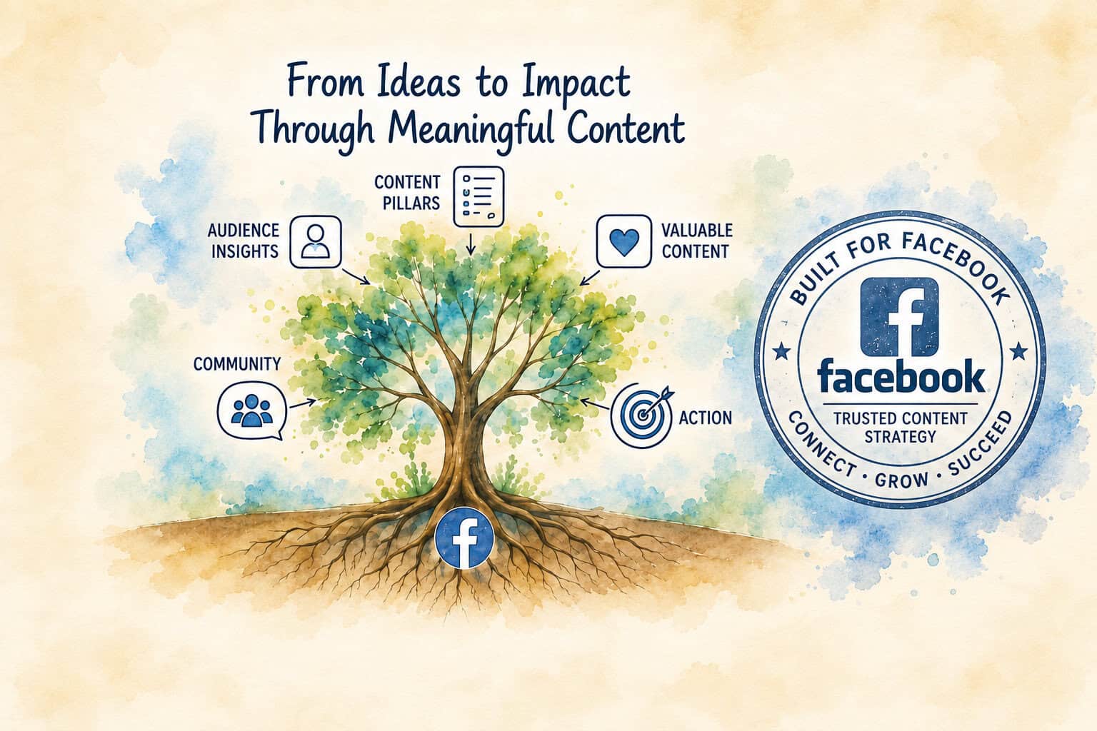 Watercolour tree illustrating a Facebook content strategy from audience insights and content pillars to community and action.