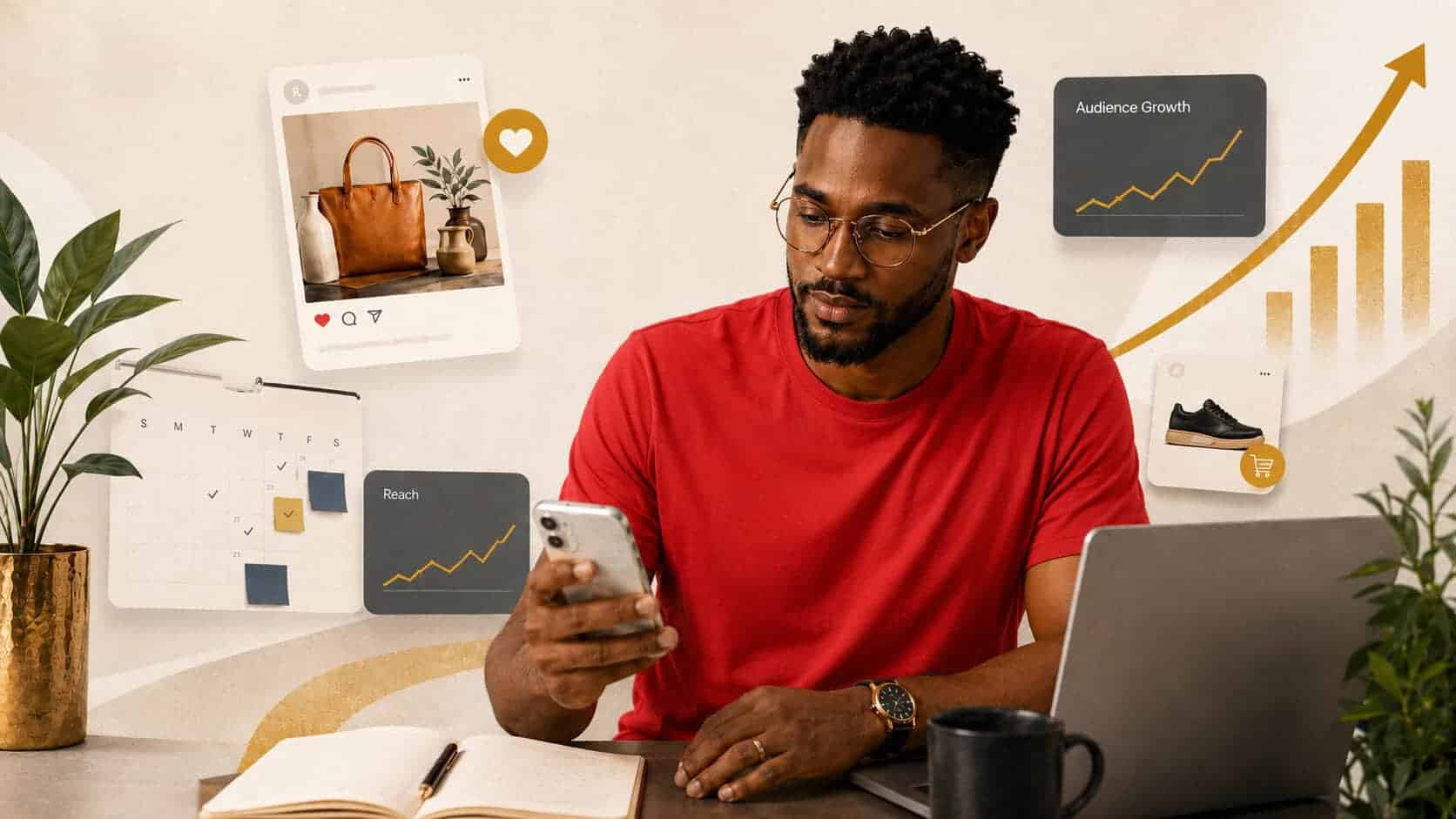 Black entrepreneur planning social media marketing strategies on a phone with Audience Growth and Reach charts — Connect